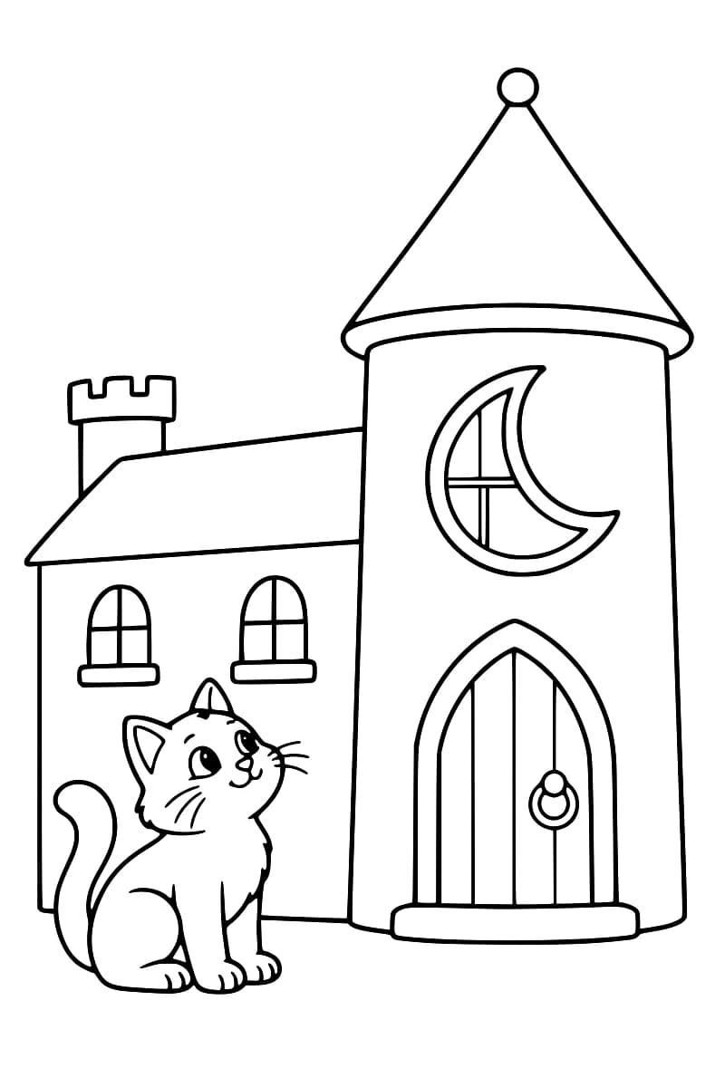 Dessin au trait noir d’un chat assis devant un château avec une grande tour au toit pointu, une fenêtre en croissant de lune et une porte en ogive ornée d’un anneau.