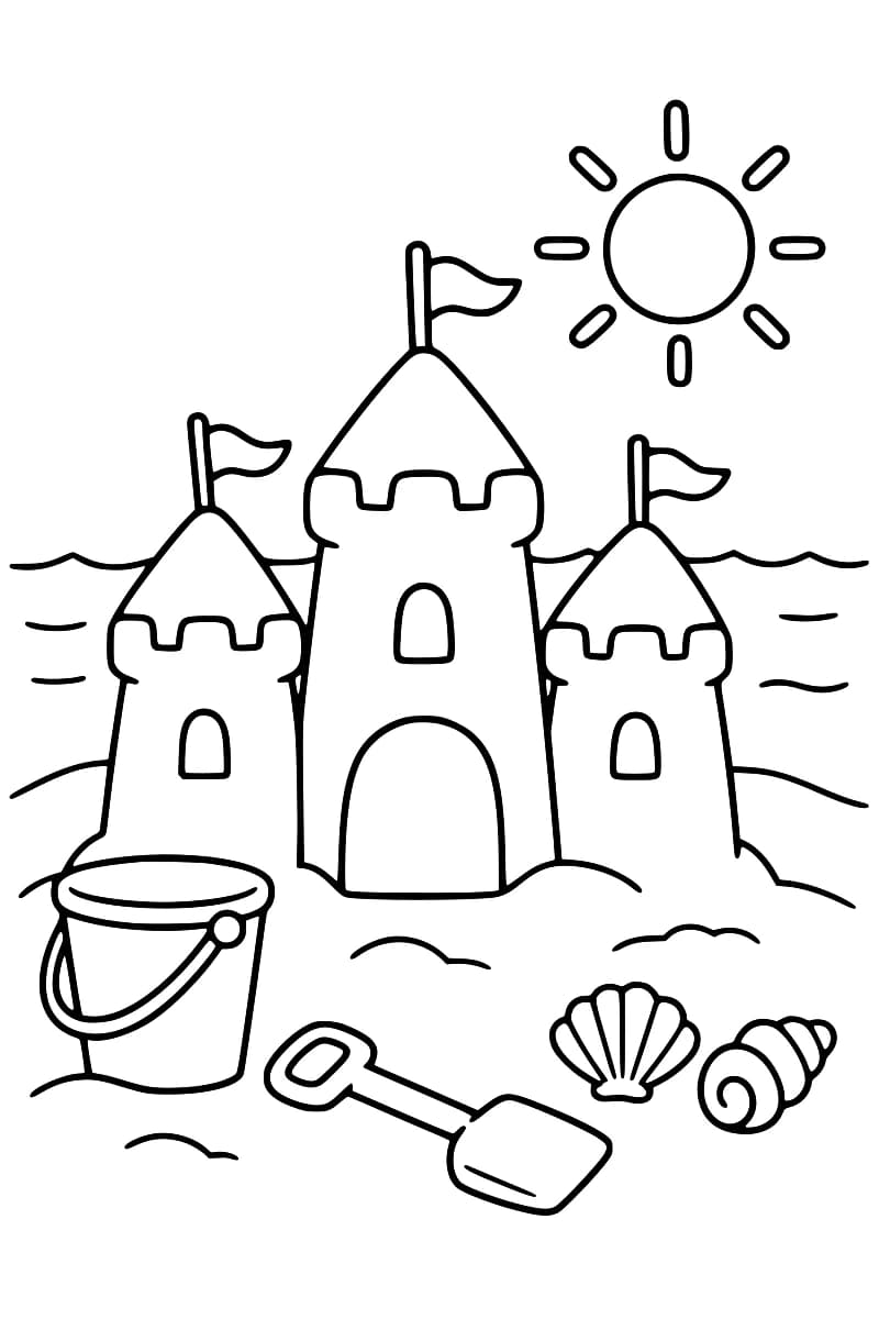 Dessin en noir et blanc d’un château de sable à trois tours avec drapeaux, soleil, seau, pelle et coquillages au bord de la mer.