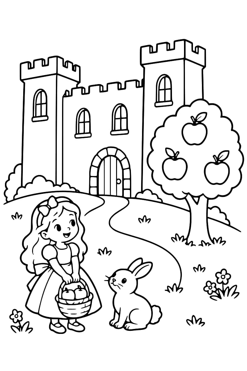 Dessin en noir et blanc d’un château à deux tours crénelées, avec un chemin sinueux menant à sa porte voûtée. À droite, un pommier porte trois pommes. Au premier plan, une fillette tient un panier de pommes face à un lapin assis, parmi des fleurs et des touffes d’herbe.