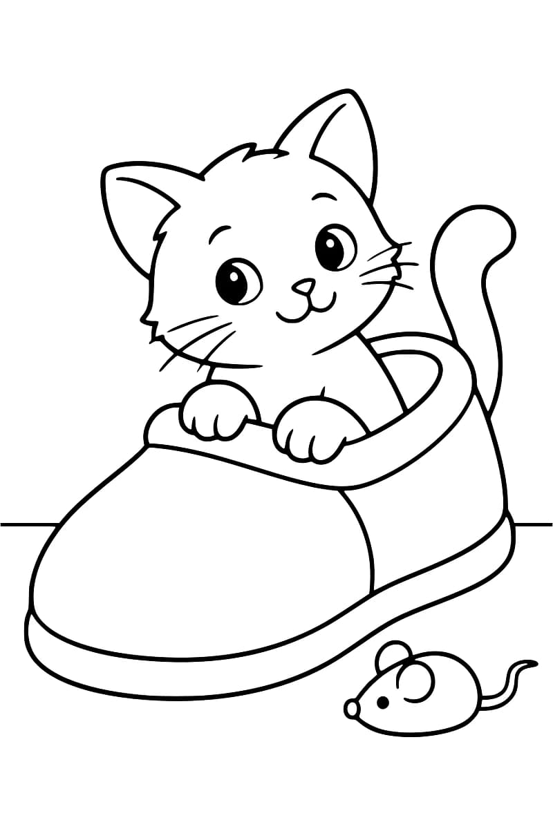 Dessin au trait noir d’un chaton dans une grande pantoufle, la tête et les pattes avant dépassant du bord, avec la queue relevée et une petite souris au sol à côté.