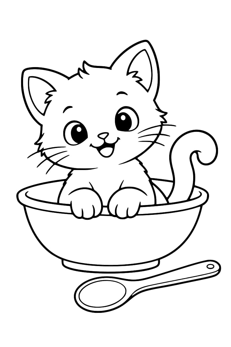 Dessin au trait noir sur fond blanc d’un chaton aux grands yeux, installé dans un bol, les pattes avant sur le bord et la queue relevée, avec une grande cuillère au premier plan.