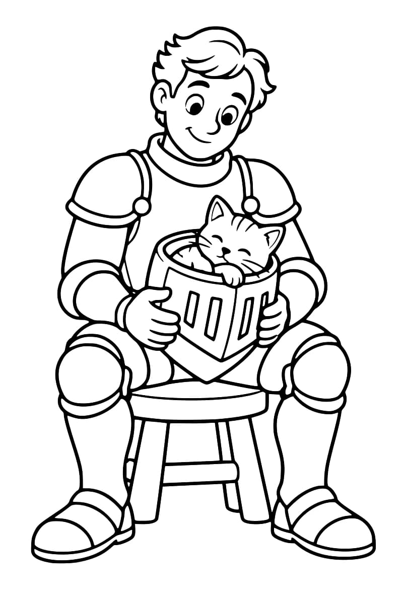 Un chevalier souriant assis sur un tabouret tient devant lui un bouclier contenant un chaton endormi.