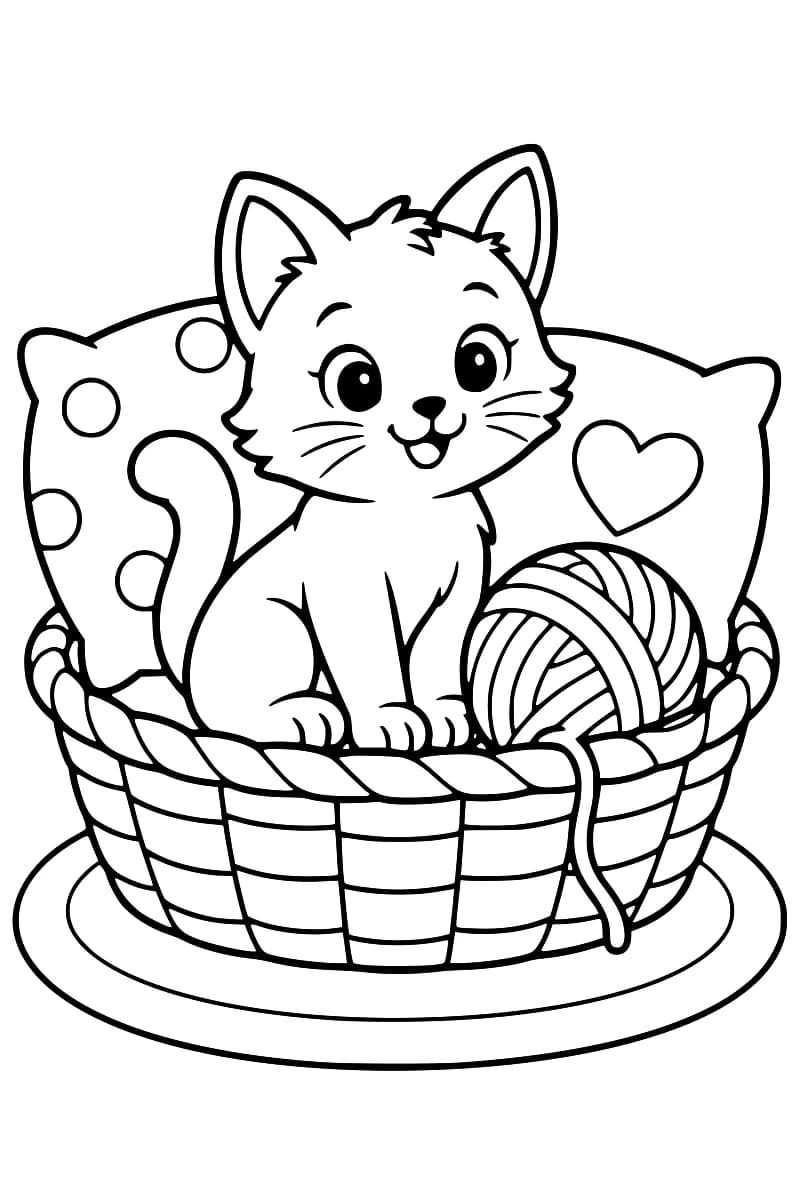 Dessin en noir et blanc d’un chaton assis dans un panier tressé avec plusieurs pelotes de laine.