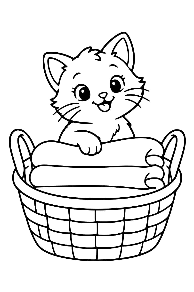 Dessin en noir et blanc d’un chaton assis dans un panier tressé avec un coussin.