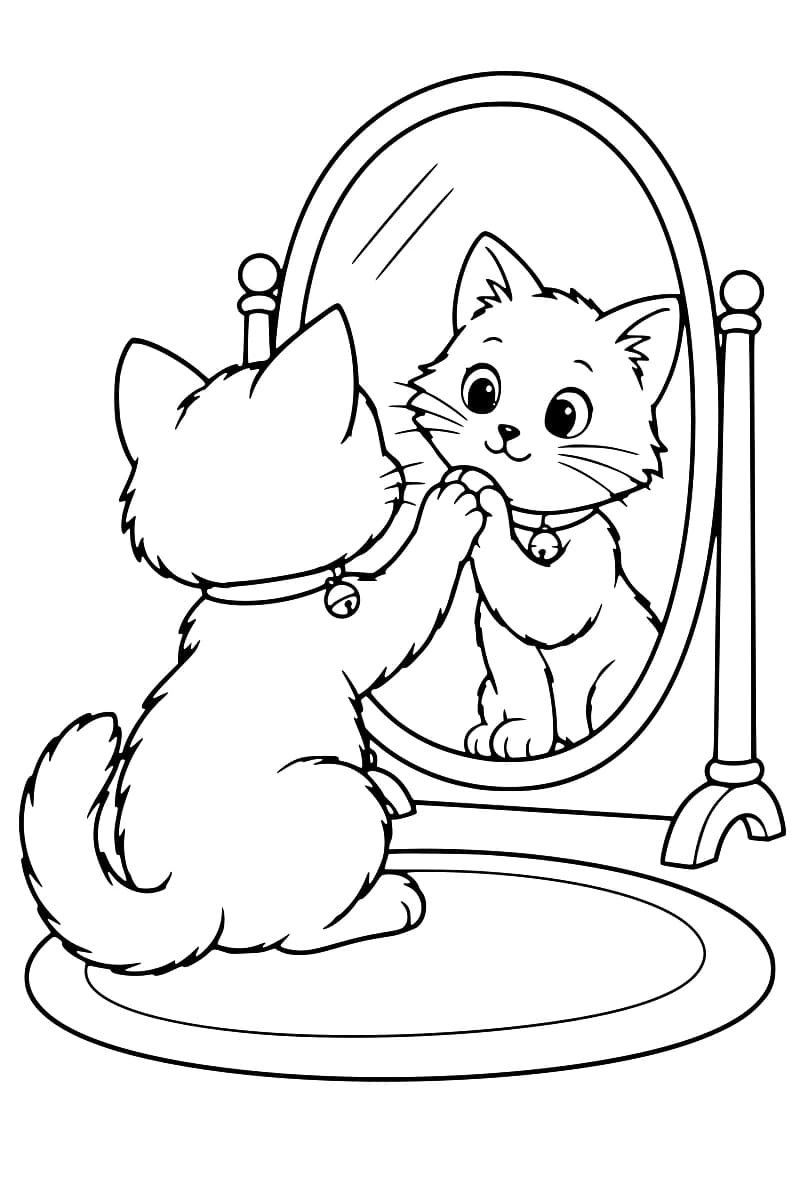 Dessin en noir et blanc d’un chaton vu de dos, assis sur un tapis ovale devant un grand miroir ovale sur pied, une patte levée contre son reflet.