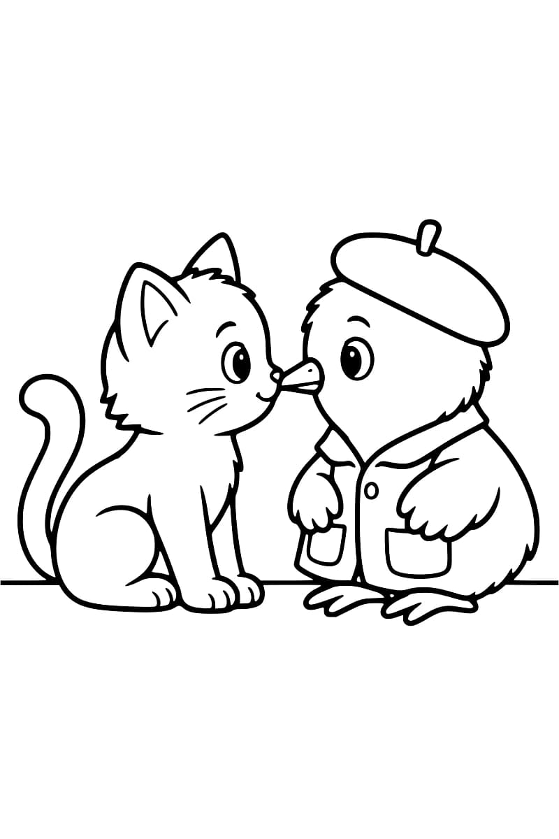 Dessin au trait noir sur fond blanc : un chaton assis à gauche, la queue relevée, fait face à un oiseau portant un béret et une veste à poches, son museau contre le bec de l’oiseau.