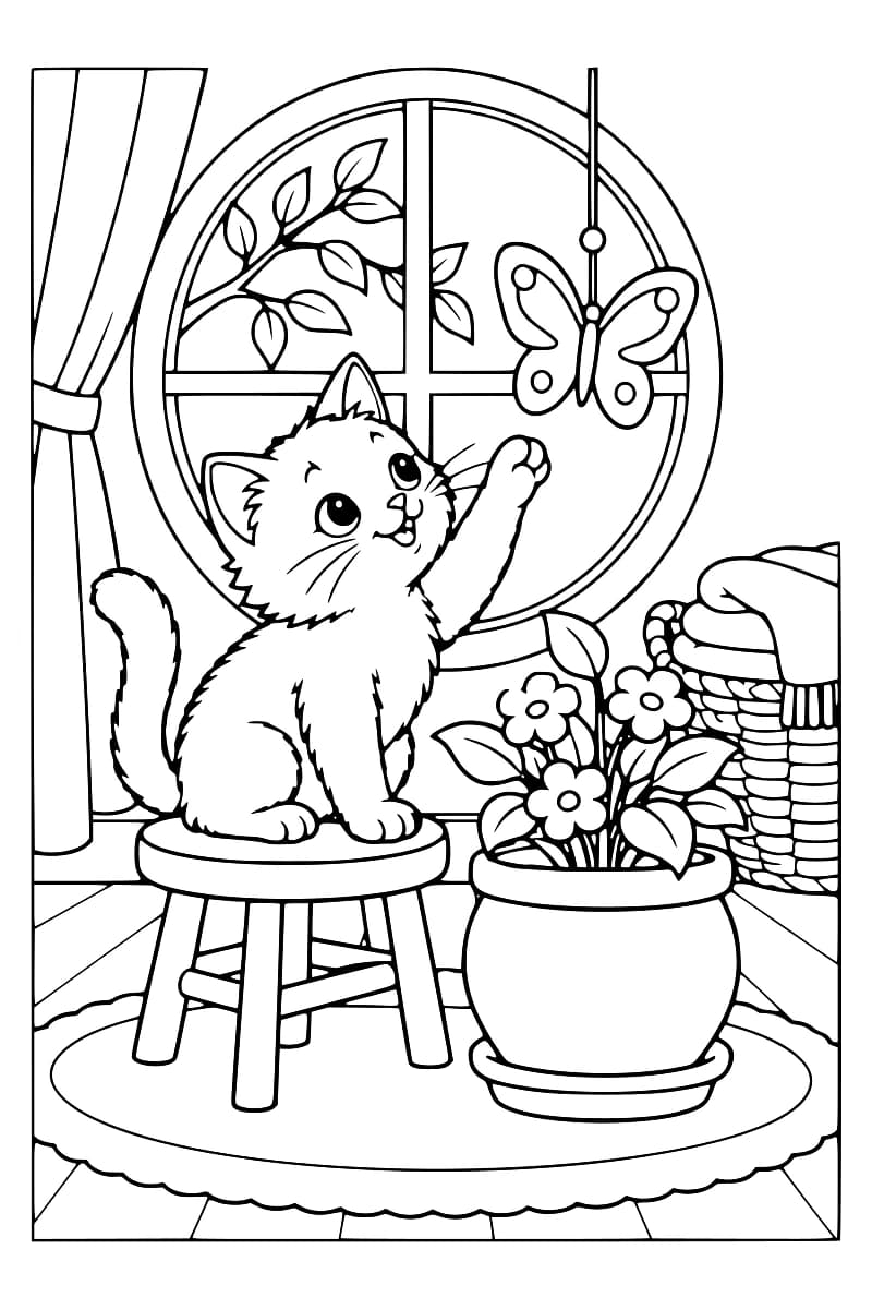 Chaton assis sur un tabouret, levant une patte vers un papillon suspendu devant une fenêtre, avec un pot de fleurs à côté.