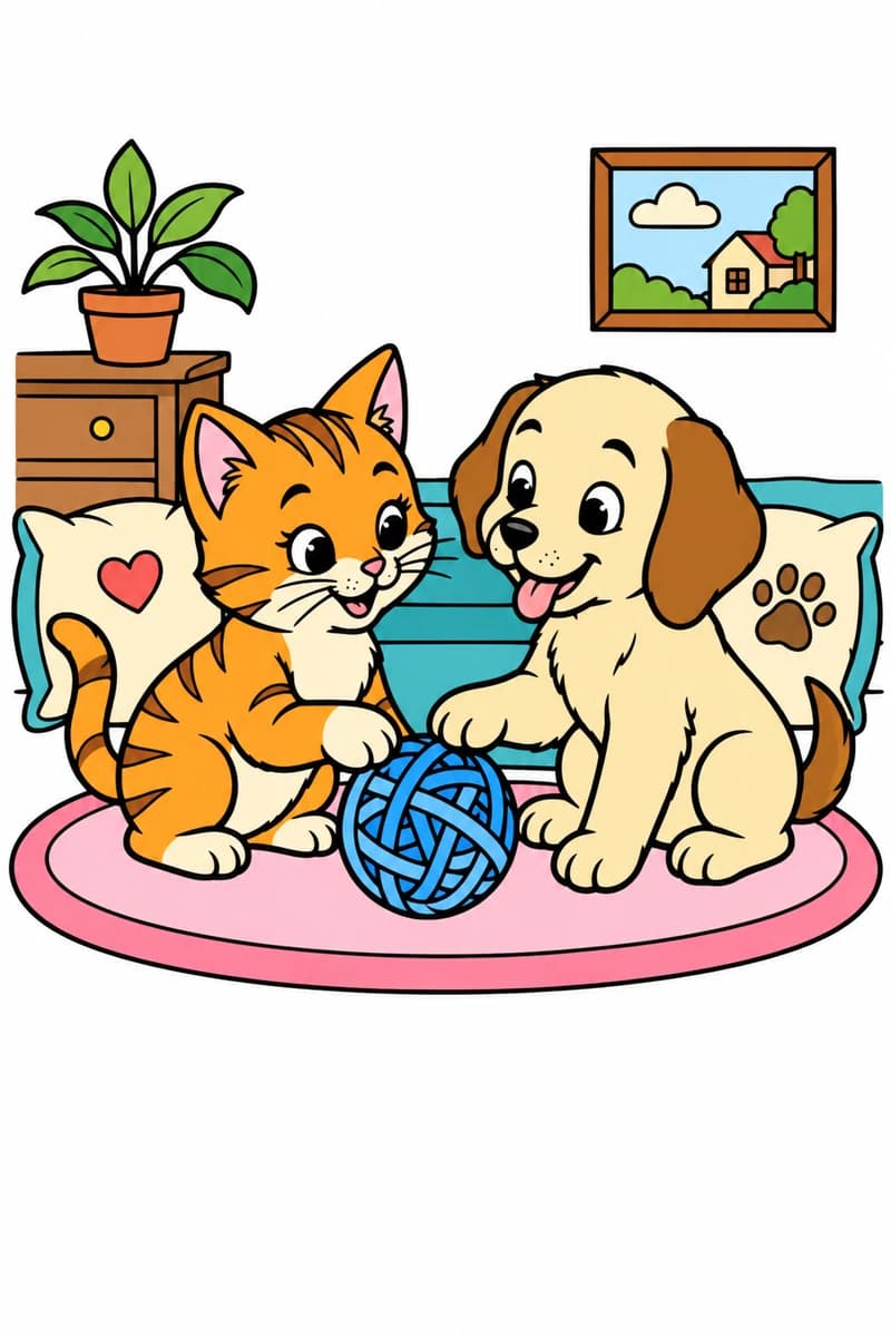 Dessin à colorier d’un chaton rayé et d’un chiot assis autour d’une pelote de laine sur un tapis ovale, devant un canapé avec des coussins ornés d’un cœur et d’une empreinte de patte. (exemple colorié)