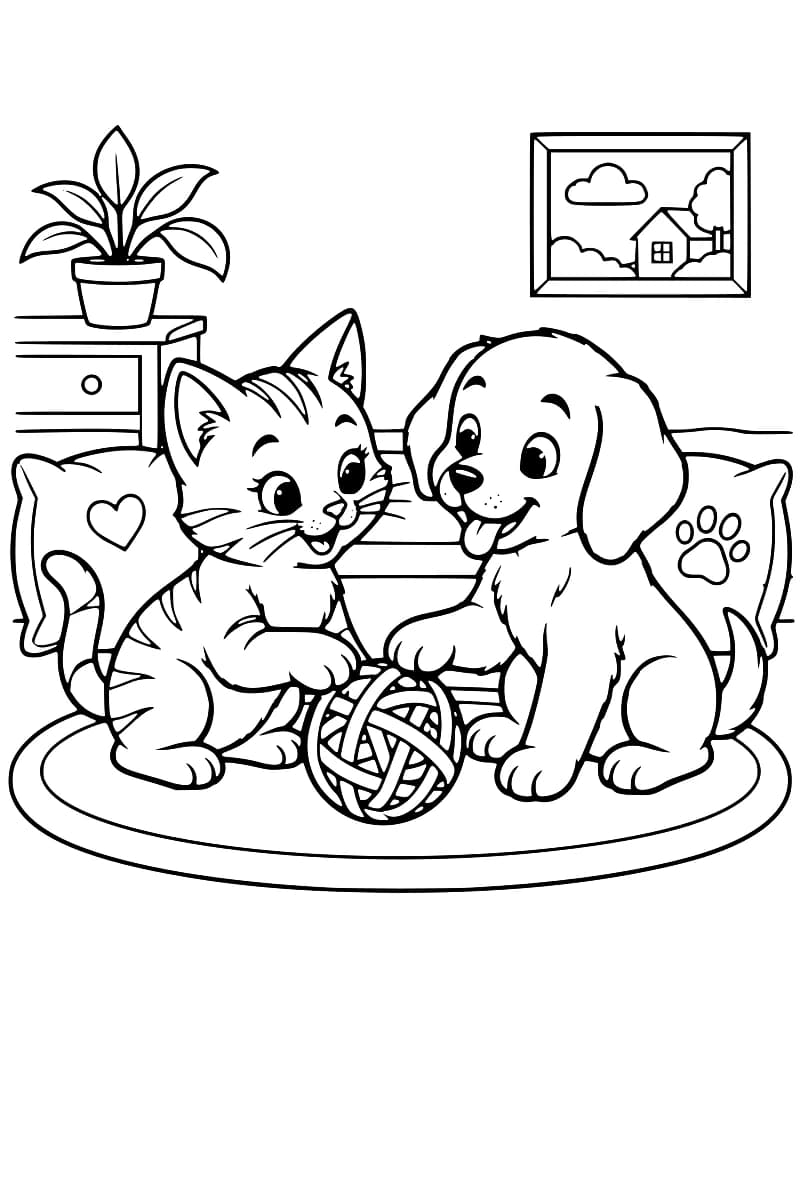 Dessin à colorier d’un chaton rayé et d’un chiot assis autour d’une pelote de laine sur un tapis ovale, devant un canapé avec des coussins ornés d’un cœur et d’une empreinte de patte.