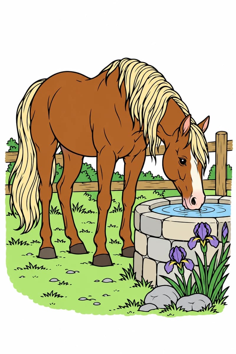 Dessin en noir et blanc d’un cheval penché pour boire dans un abreuvoir en pierre, avec des iris au premier plan et une clôture derrière lui. (exemple colorié)