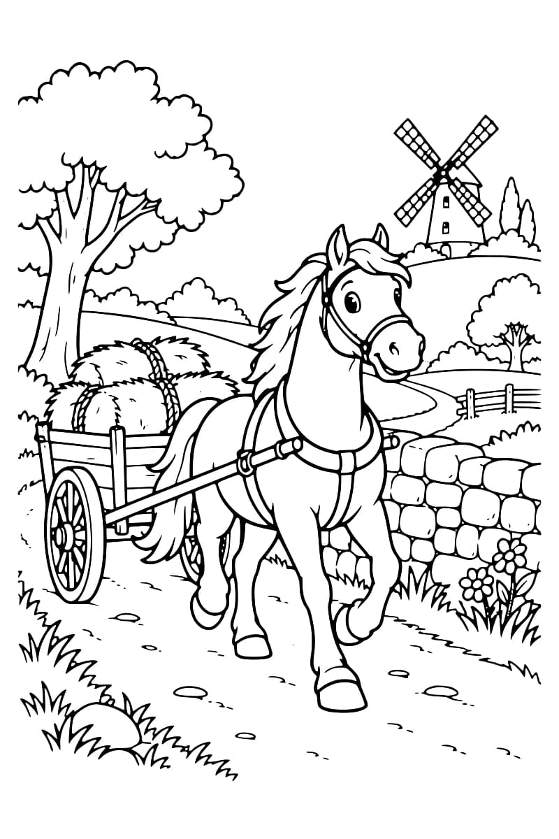 Dessin en noir et blanc d’un cheval tirant une charrette de foin sur un chemin bordé d’arbres, de pierres et de fleurs, avec un moulin à vent au loin.