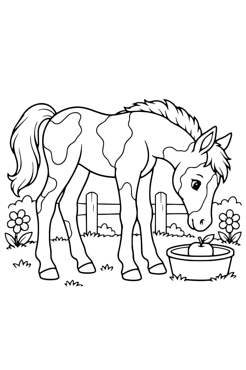 Dessin en noir et blanc d’un cheval près d’une écuelle contenant une pomme, avec une clôture et des fleurs en arrière-plan.