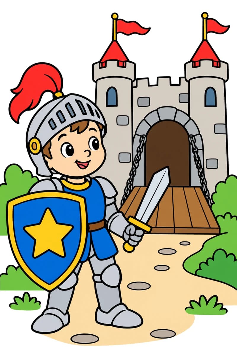Dessin à colorier montrant un chevalier avec un bouclier étoilé et une épée devant un château fort. (exemple colorié)