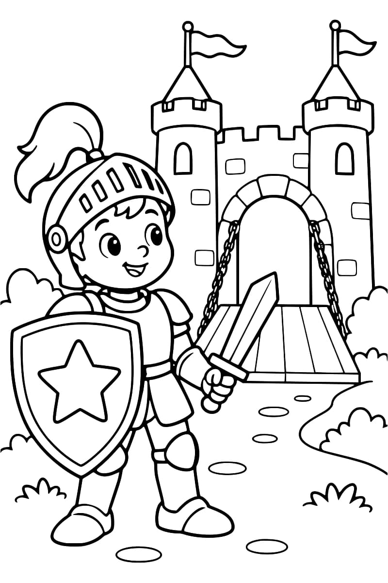 Dessin à colorier montrant un chevalier avec un bouclier étoilé et une épée devant un château fort.