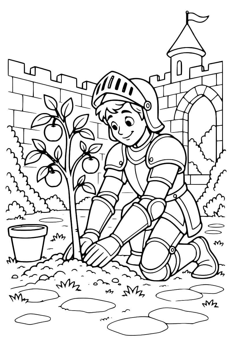 Un chevalier en armure est agenouillé près d’un pommier portant plusieurs pommes, avec un pot vide à côté et un château en arrière-plan.