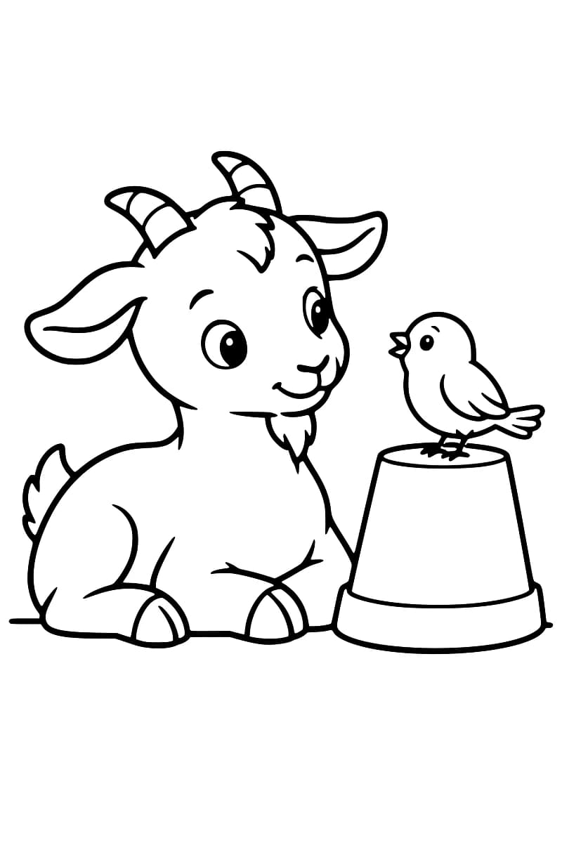 Dessin en noir et blanc d’un chevreau aux petites cornes et à la barbiche, assis à côté d’un oiseau au bec ouvert perché sur un pot retourné.