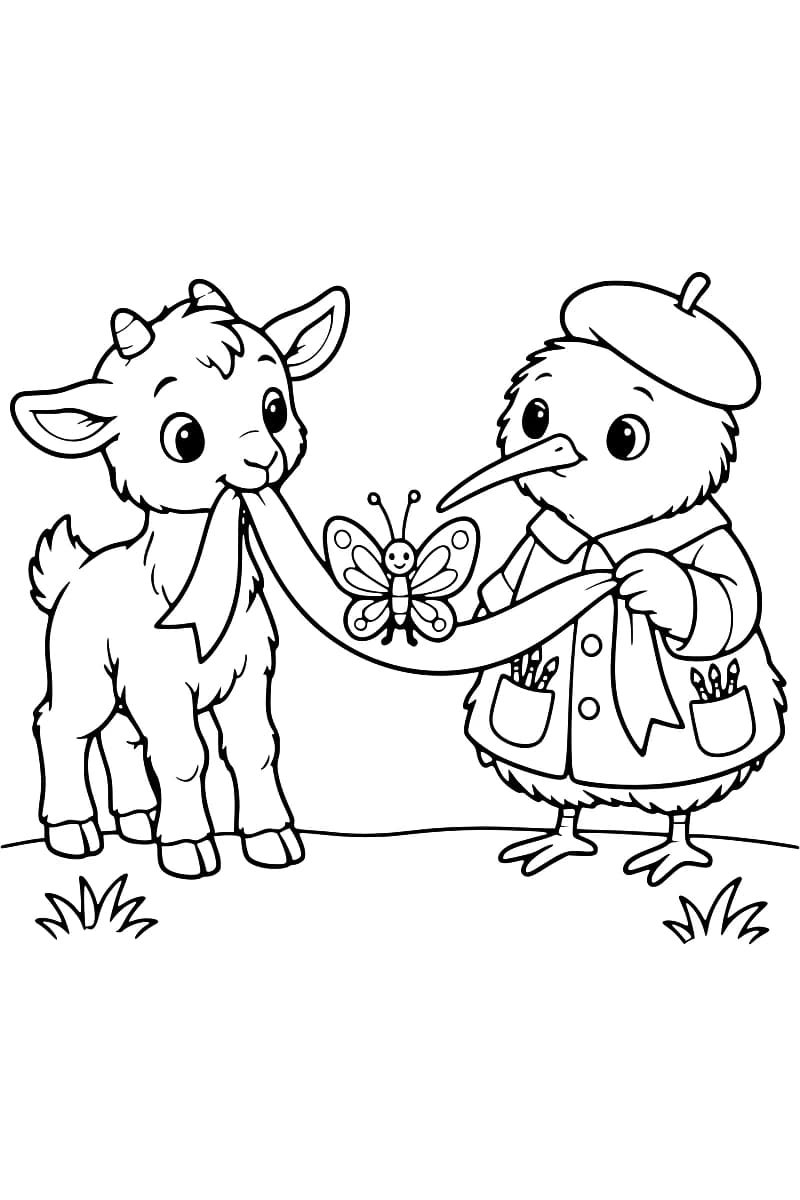 Dessin en noir et blanc d’un chevreau à gauche et d’un kiwi portant un béret et une veste à poches à droite, tenant entre eux un large ruban sur lequel se trouve un papillon souriant.