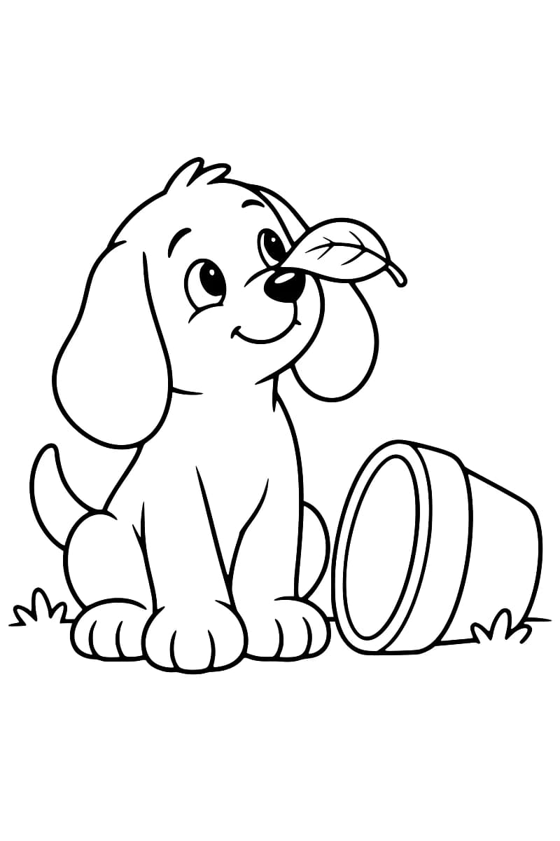 Dessin en noir et blanc d’un chiot souriant, assis avec une feuille sur le museau, à côté d’un pot couché et de quelques touffes d’herbe.