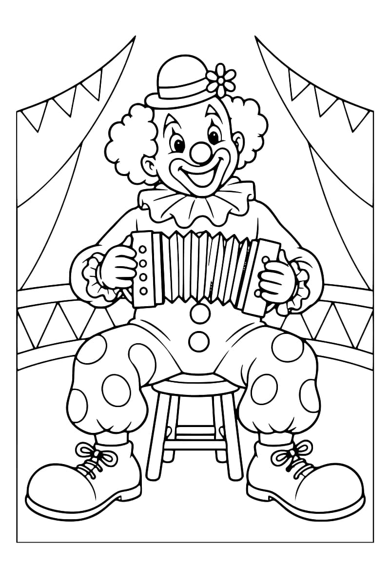 Dessin en noir et blanc d’un clown assis sur un tabouret avec un accordéon, coiffé d’un chapeau à fleur et vêtu d’un pantalon à pois et de grandes chaussures à lacets, dans un décor de cirque.