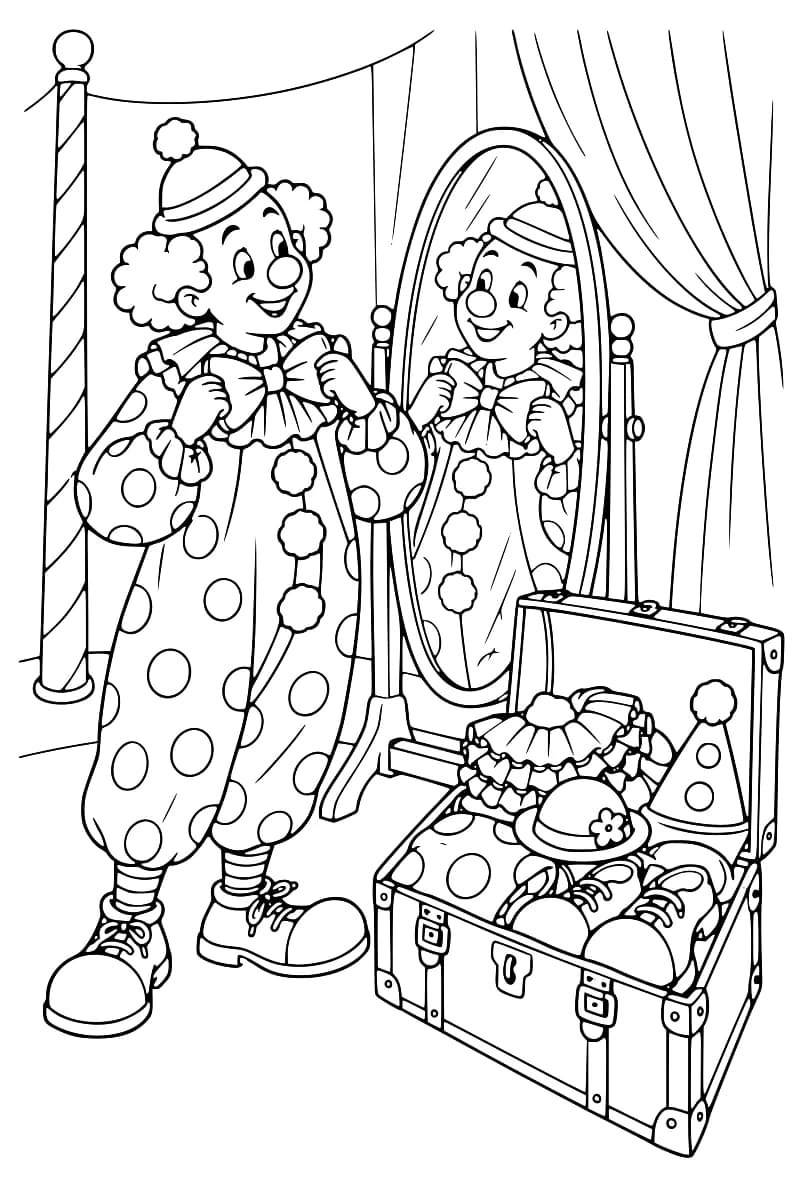 Dessin en noir et blanc d’un clown souriant en costume à pois et chapeau à pompon, ajustant son nœud papillon devant un miroir ovale où apparaît son reflet. À côté, une malle ouverte contient des chapeaux, des cols à volants et de grandes chaussures, devant un rideau noué.