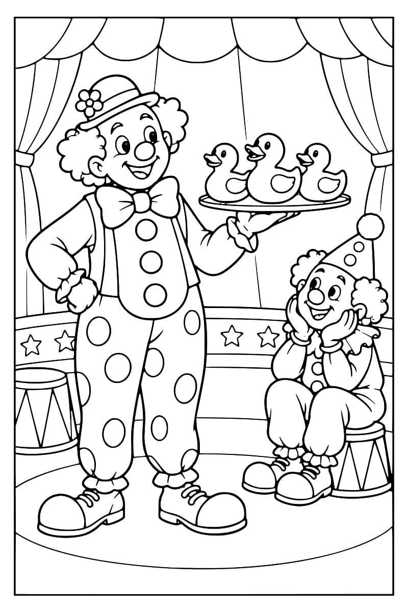 Dessin à colorier de deux clowns sur une piste de cirque encadrée de rideaux : l’un, debout, tient un plateau avec trois canards, tandis que l’autre, assis sur un tambour, sourit les mains sur les joues.