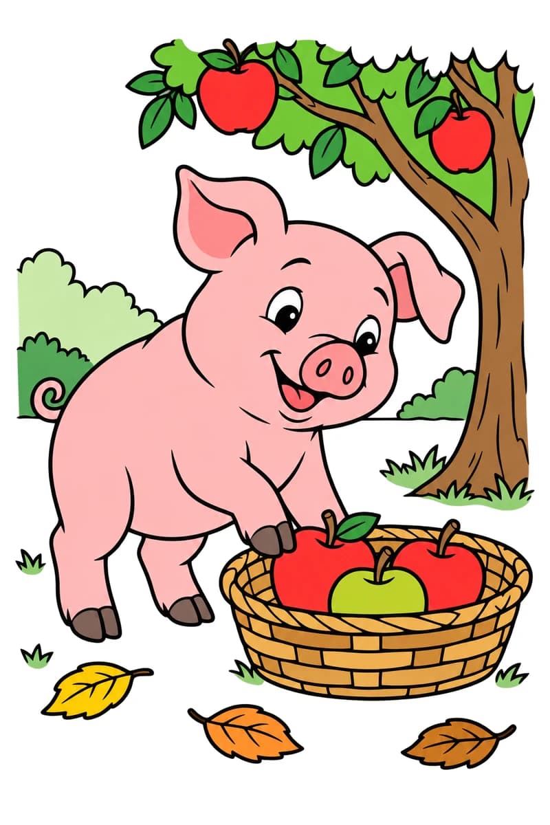 Dessin à colorier d’un cochon souriant près d’un panier contenant trois pommes, sous un pommier portant deux fruits, avec des feuilles au sol. (exemple colorié)