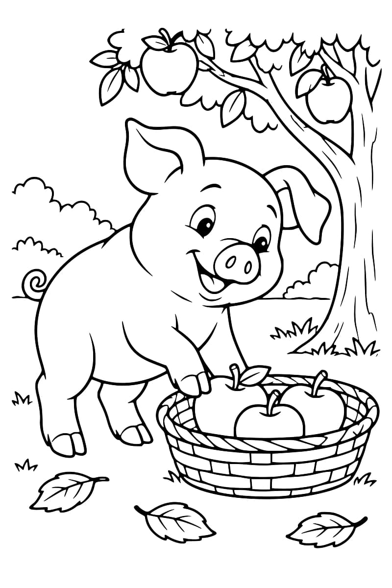 Dessin à colorier d’un cochon souriant près d’un panier contenant trois pommes, sous un pommier portant deux fruits, avec des feuilles au sol.