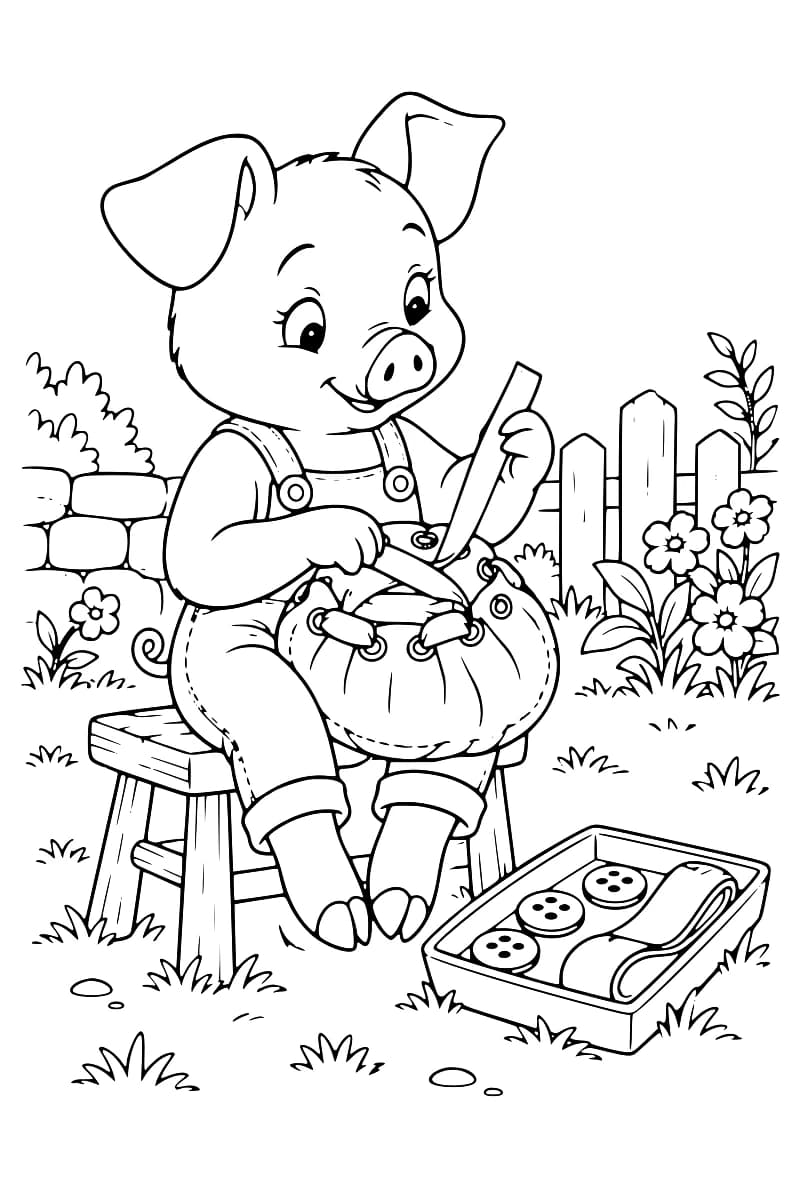 Dessin en noir et blanc d’un petit cochon en salopette, assis sur un tabouret et laçant un sac rond avec un large ruban. À ses pieds, un plateau contient trois boutons et du ruban plié ; des fleurs, un muret et une clôture entourent la scène.