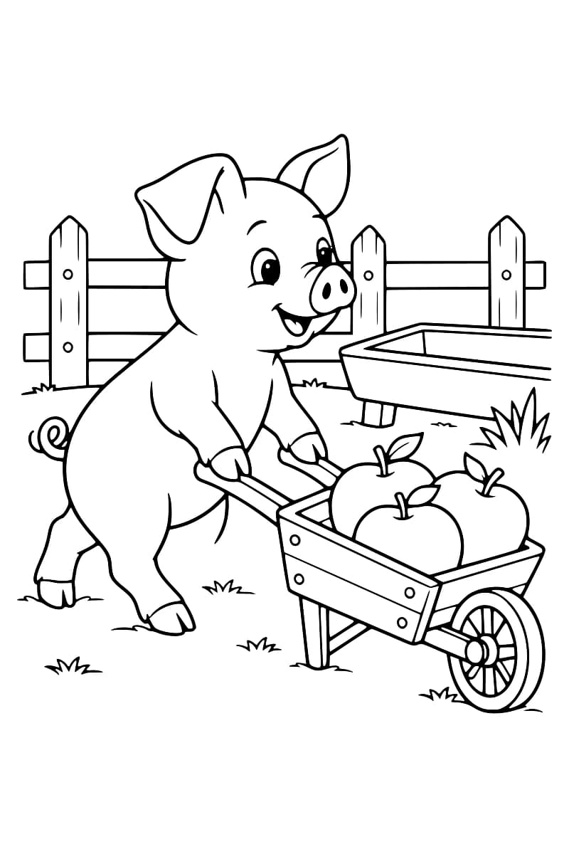 Dessin en noir et blanc d’un cochon souriant tenant les poignées d’une brouette contenant trois pommes, avec une clôture, une auge et des touffes d’herbe autour.