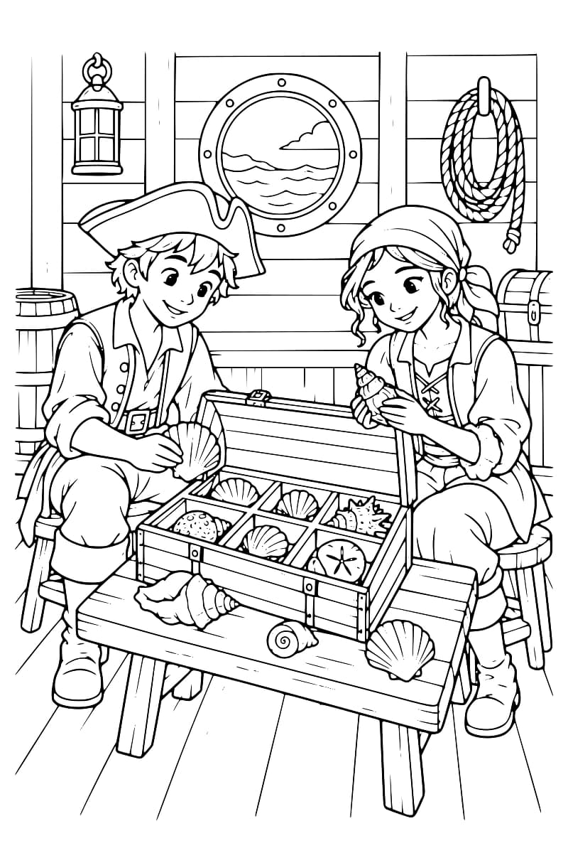 Deux enfants pirates assis autour d’un coffre ouvert rempli de coquillages dans une cabine de navire.
