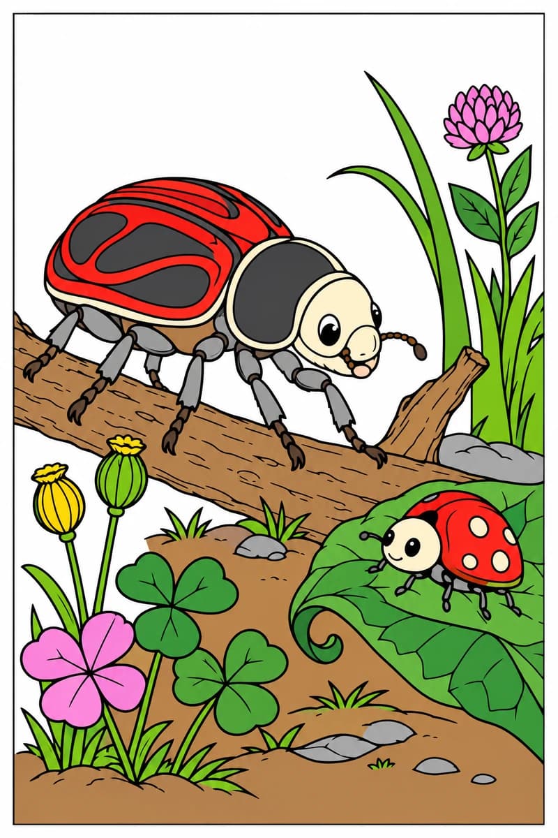 Dessin à colorier en noir et blanc montrant un grand coléoptère sur une branche et une coccinelle sur une feuille recourbée, entourés de trèfles, de fleurs et de brins d’herbe. (exemple colorié)