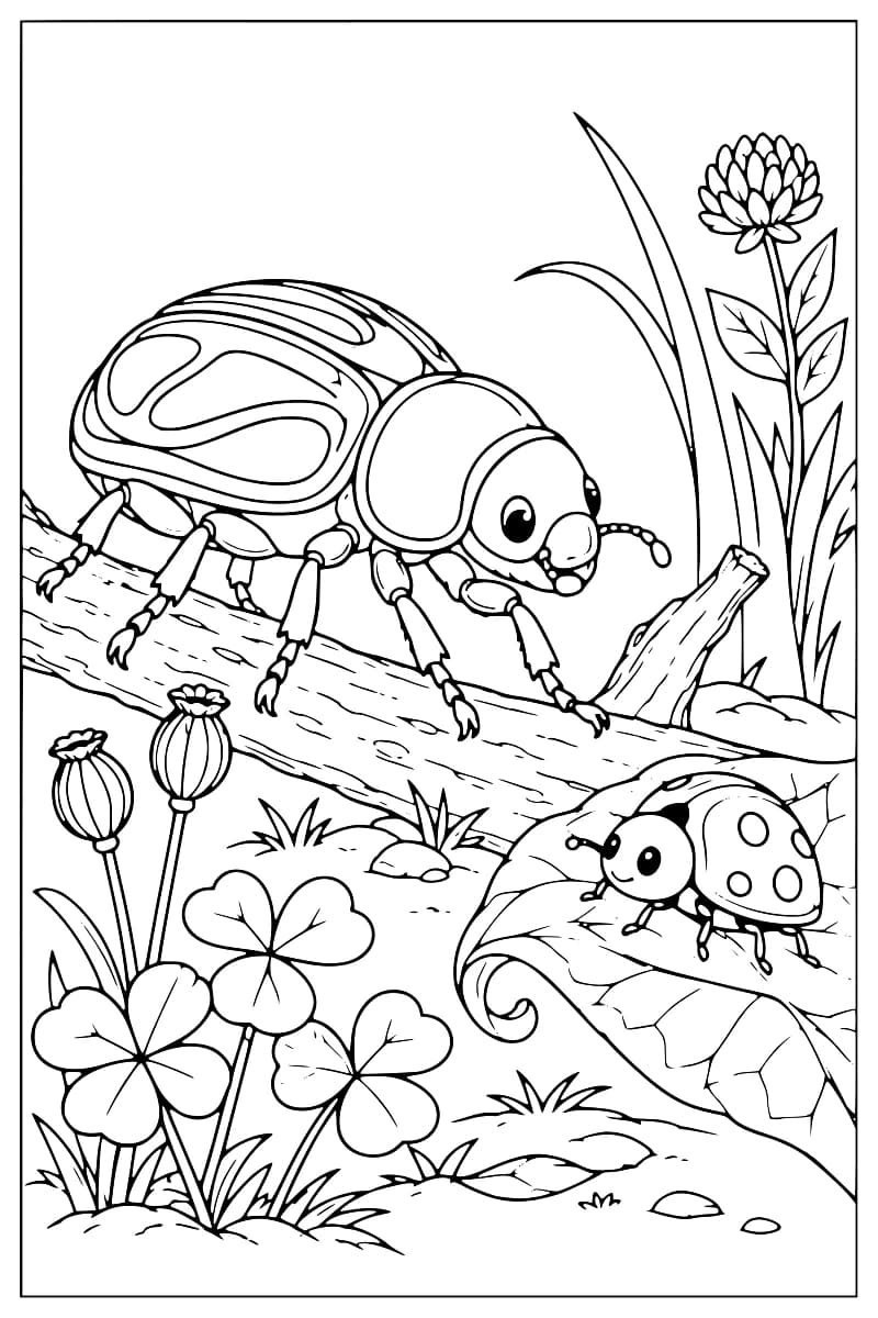 Dessin à colorier en noir et blanc montrant un grand coléoptère sur une branche et une coccinelle sur une feuille recourbée, entourés de trèfles, de fleurs et de brins d’herbe.