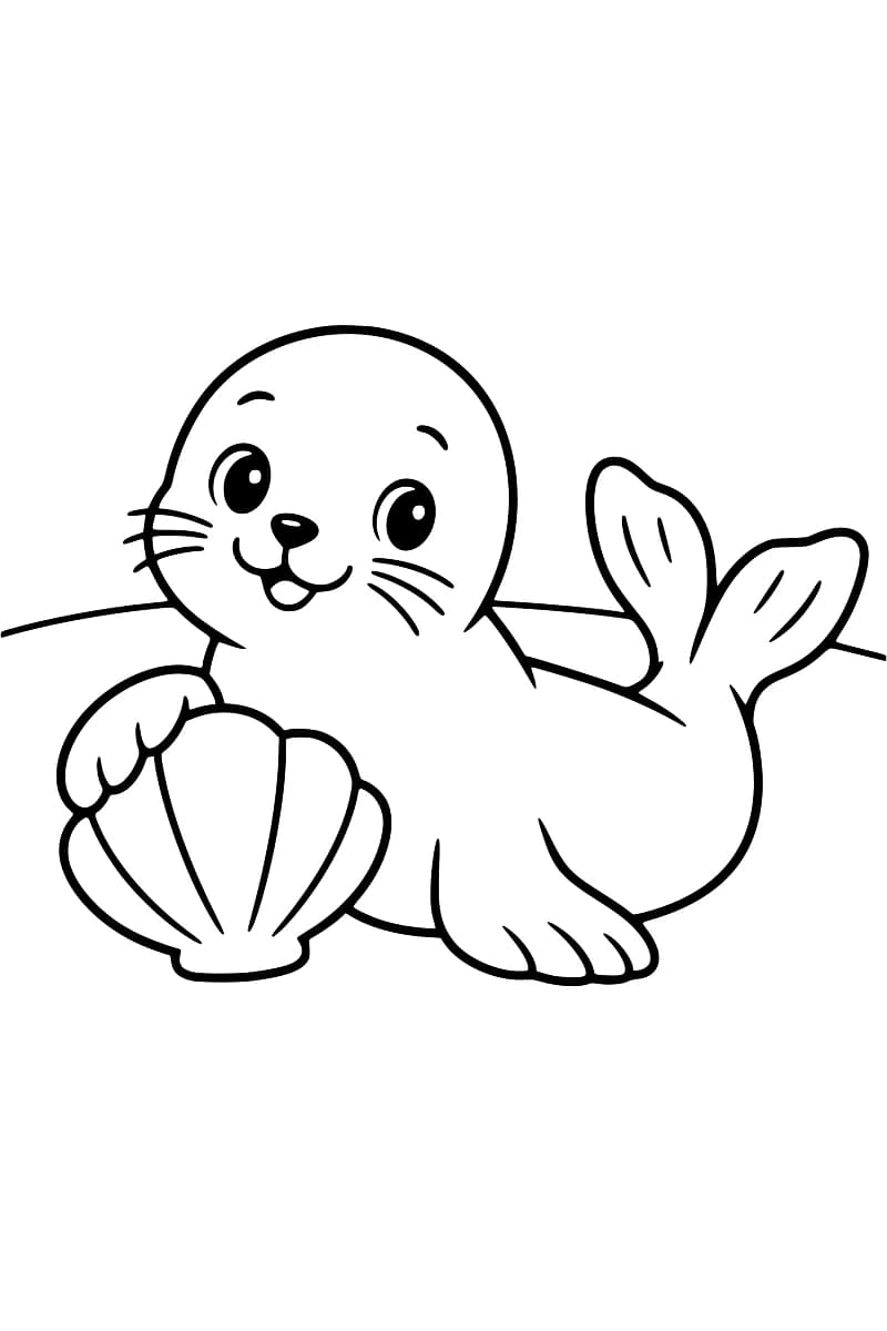 Dessin en noir et blanc d’un bébé phoque allongé sur le ventre, la queue relevée et une nageoire posée sur un grand coquillage.