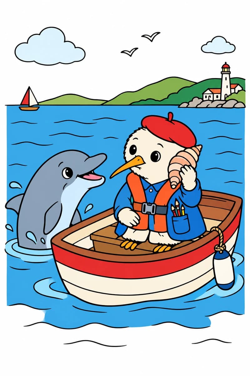 Dessin à colorier d’un kiwi en béret et gilet de sauvetage tenant un coquillage contre sa tête dans une barque, près d’un dauphin, avec un voilier, un phare et des oiseaux en arrière-plan. (exemple colorié)