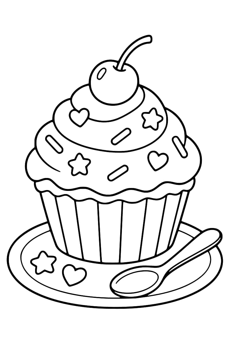 Grand cupcake garni d’une cerise, posé sur une assiette avec une cuillère.