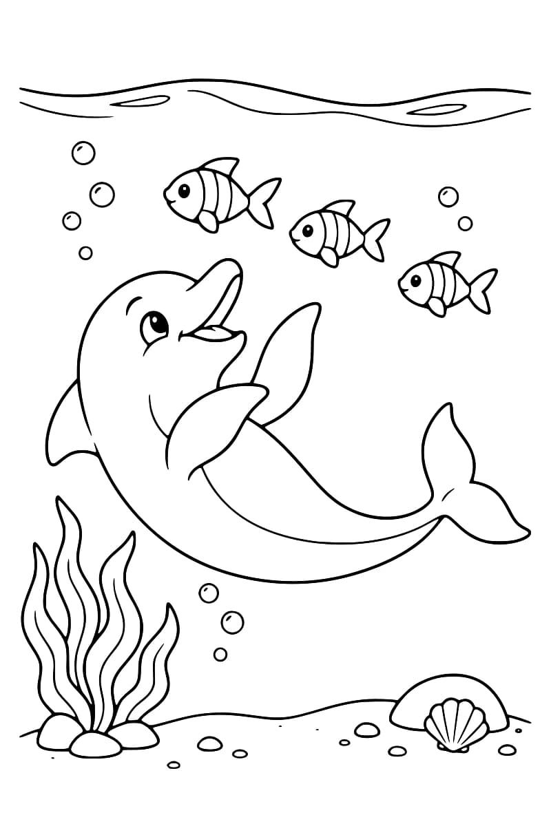Dessin au trait noir d’un dauphin souriant, le ventre tourné vers le haut et les nageoires relevées, face à trois poissons rayés. Des bulles les entourent, avec des algues, des galets et un coquillage sur le fond marin.
