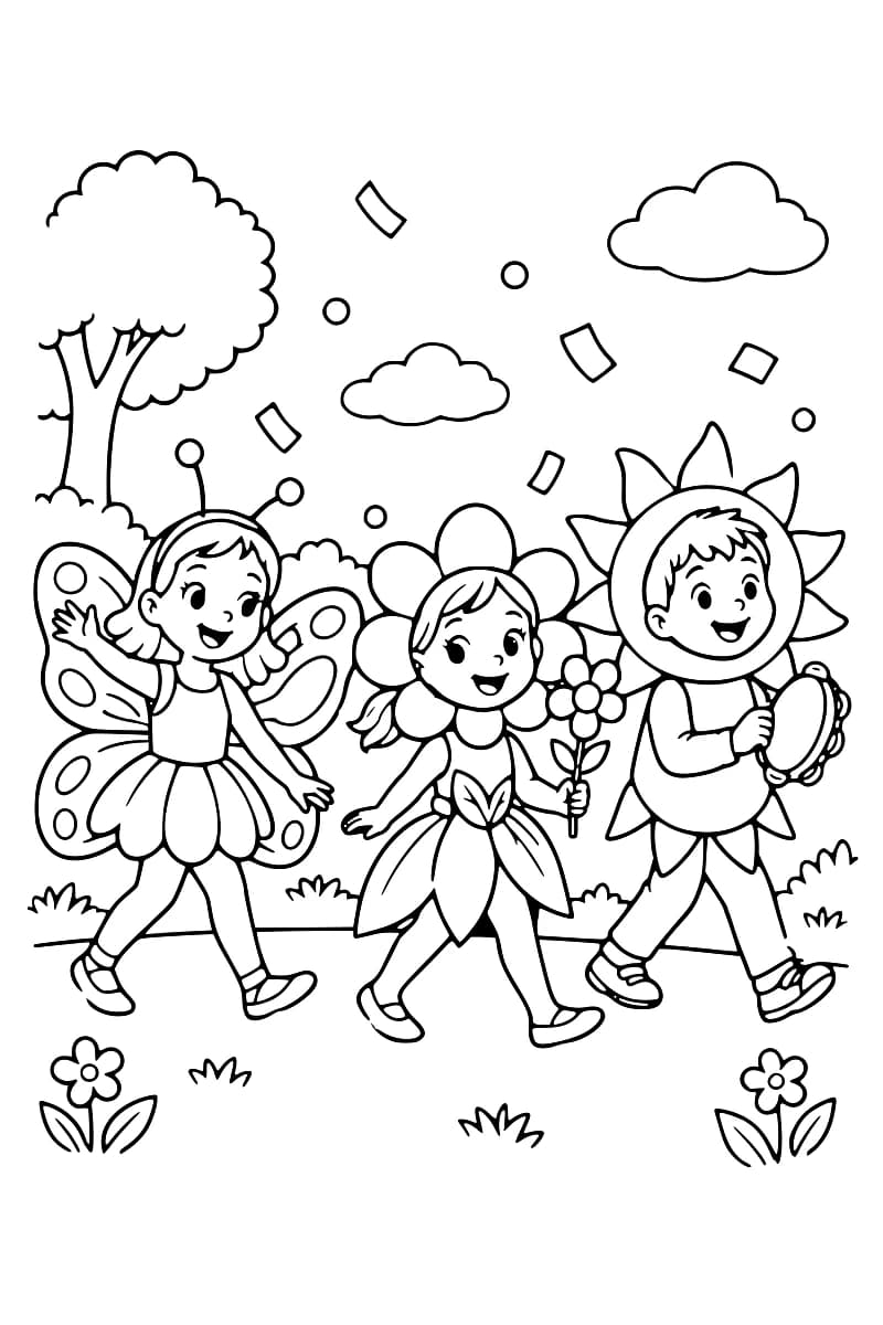 Dessin en noir et blanc de trois enfants costumés en papillon, en fleur et en soleil, défilant dans un jardin avec des arbres, des nuages et des fleurs.