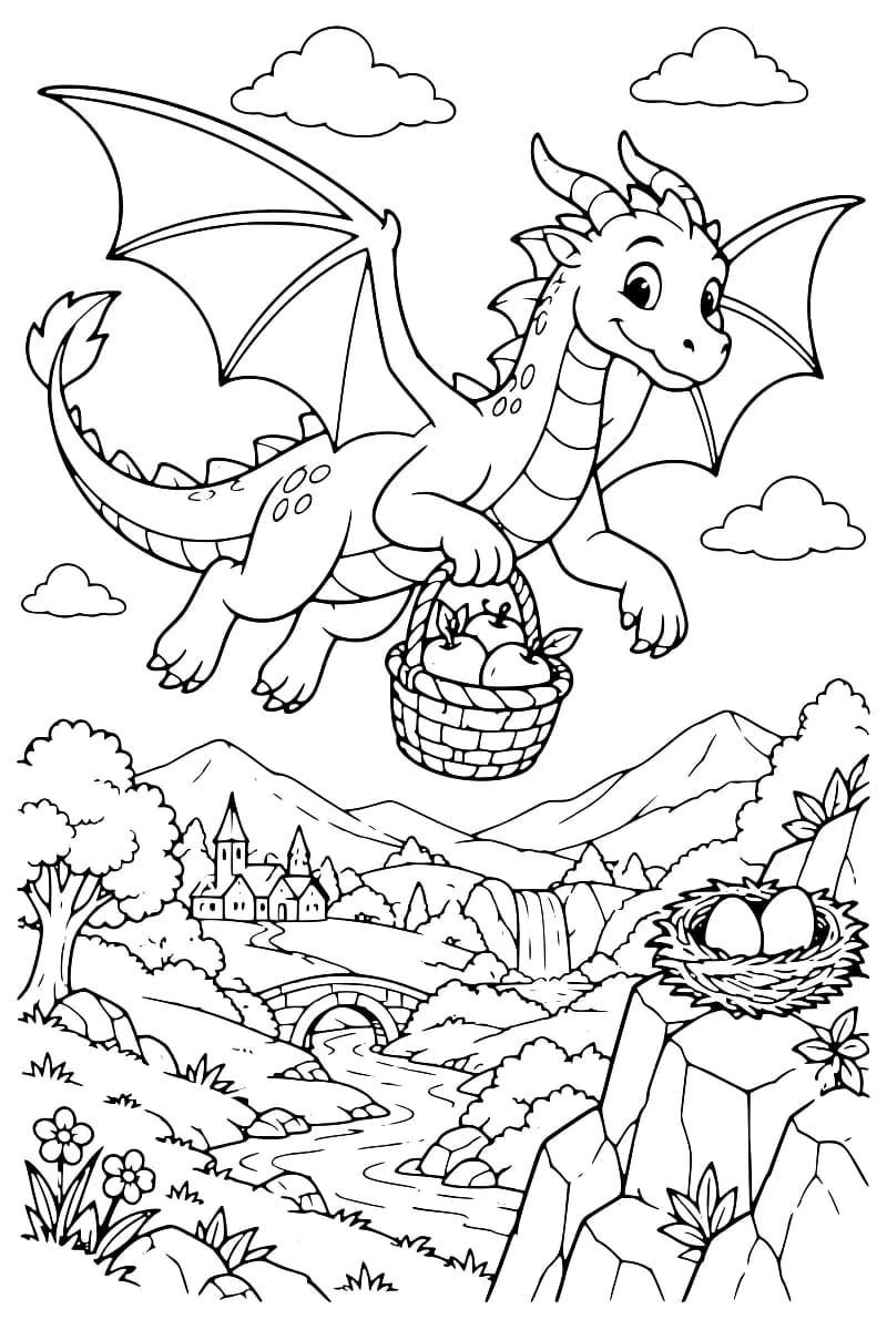 Dessin en noir et blanc d’un dragon volant avec un panier de fruits, au-dessus d’une vallée comprenant un village, un ruisseau, une cascade, des montagnes et un nid d’oiseaux.