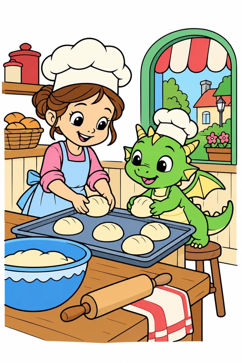 Dessin en noir et blanc représentant une jeune boulangère et un bébé dragon qui façonnent de la pâte dans une boulangerie, avec des petits pains sur un plateau. (exemple colorié)