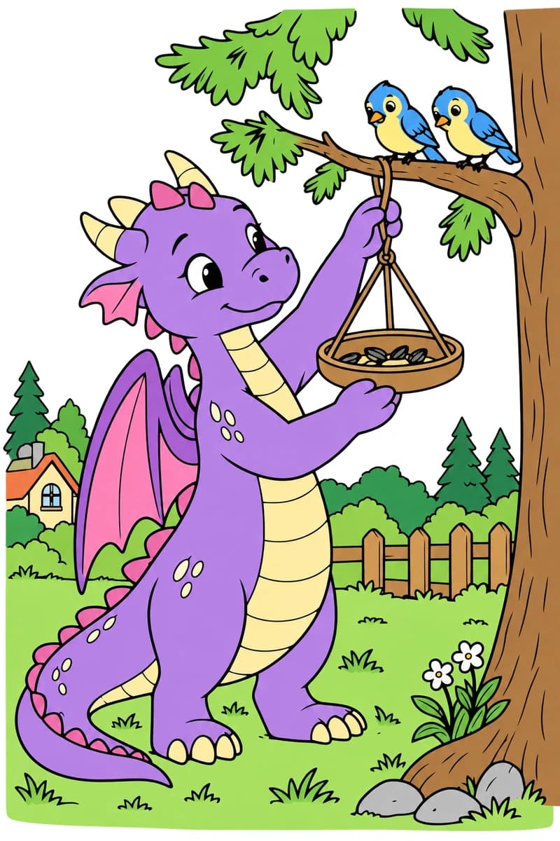 Dessin en noir et blanc d’un dragon souriant qui suspend une mangeoire ronde à la branche d’un arbre et la soutient d’une patte, sous deux oiseaux perchés ; une clôture, une maison, des sapins et des fleurs complètent le décor. (exemple colorié)