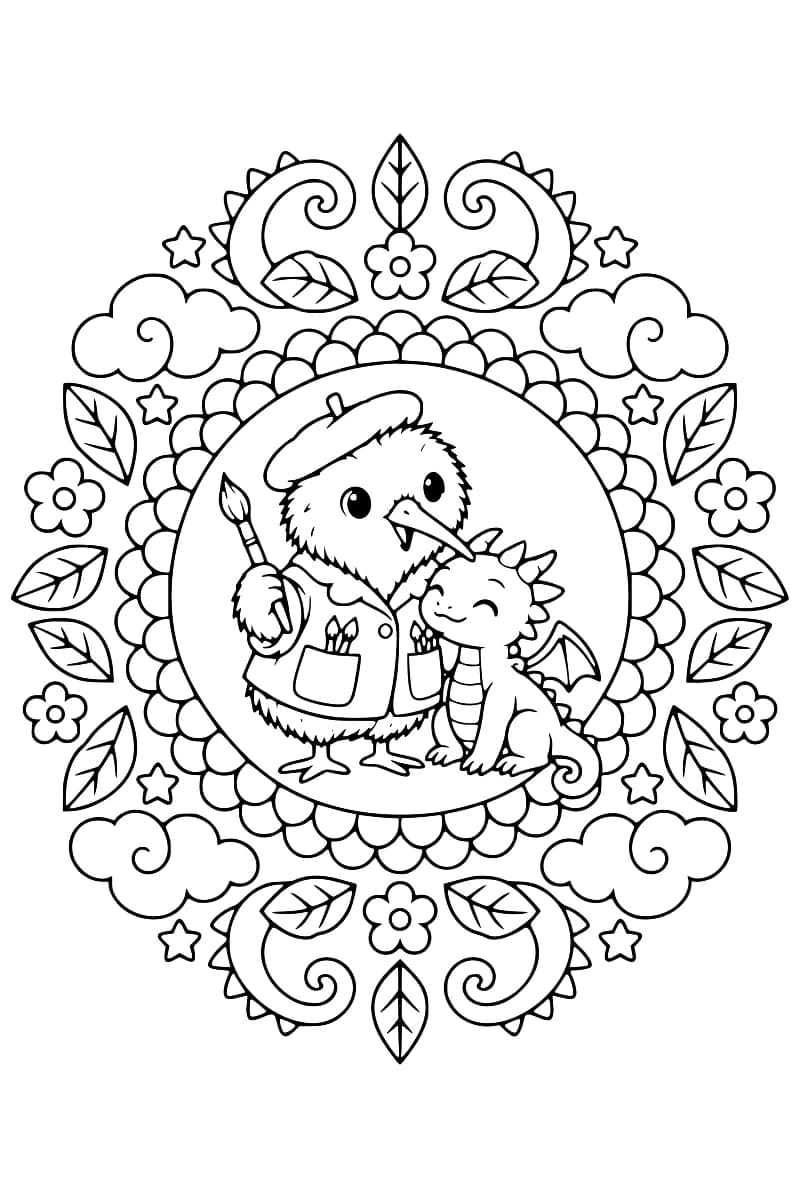 Dessin en noir et blanc à colorier montrant un jeune dragon aux côtés d’un oiseau peintre, entourés de motifs floraux et de feuillages.