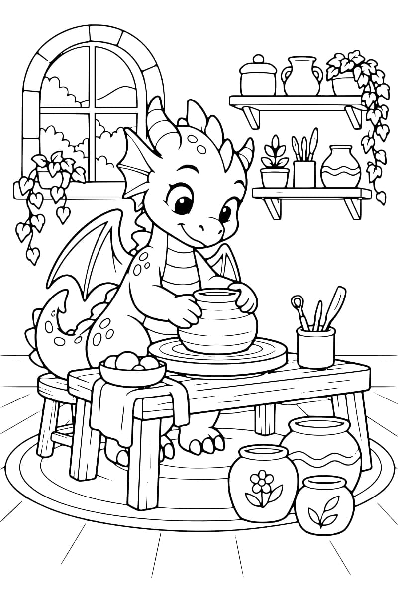 Dessin en noir et blanc représentant un jeune dragon avec des ailes, modelant un pot en argile sur un tour, entouré d’étagères, de vases et de plantes.