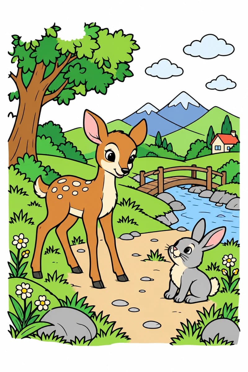 Dessin en noir et blanc montrant un faon et un lapin près d’un ruisseau, avec un pont, des arbres, une maison et des montagnes en arrière-plan. (exemple colorié)