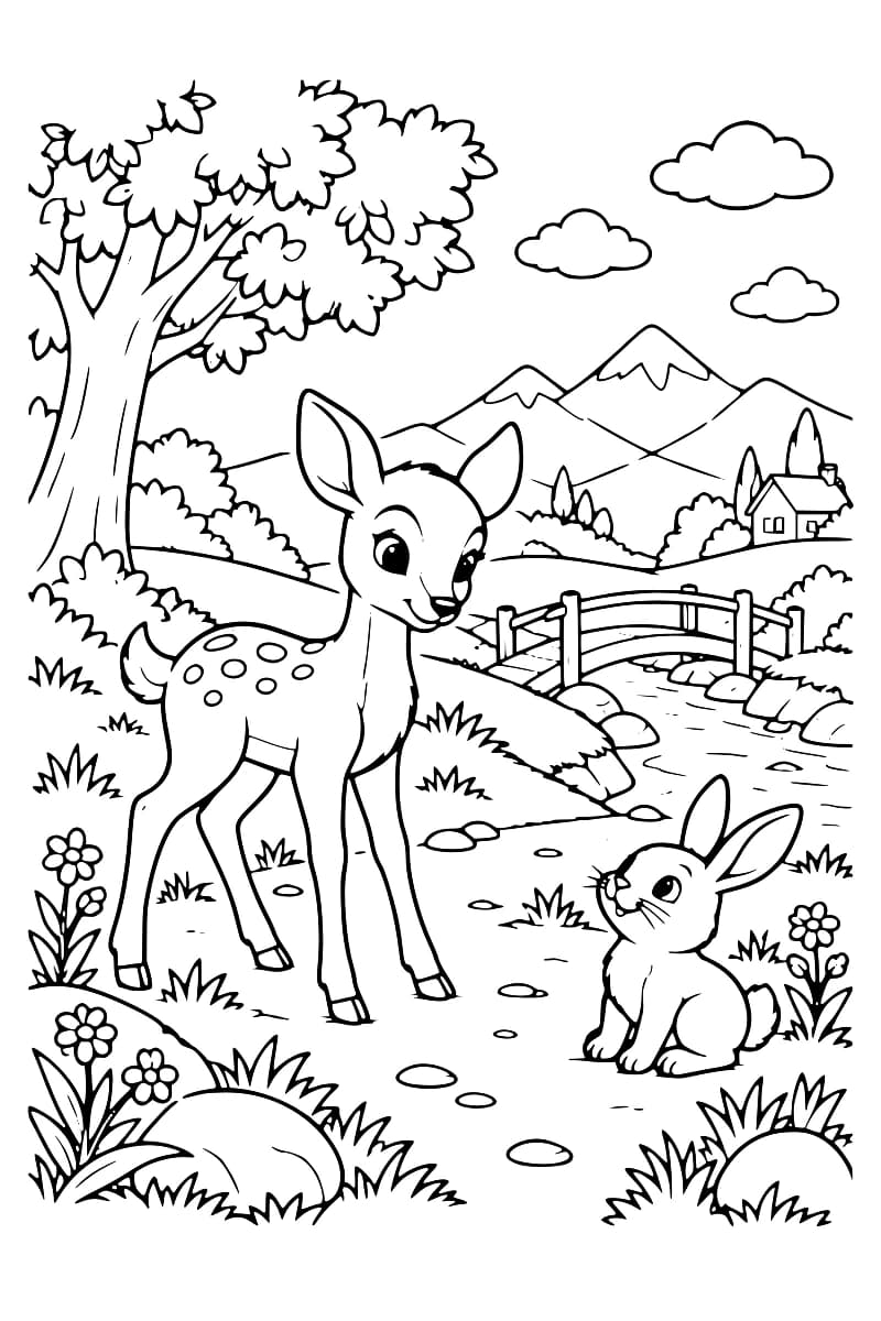 Dessin en noir et blanc montrant un faon et un lapin près d’un ruisseau, avec un pont, des arbres, une maison et des montagnes en arrière-plan.
