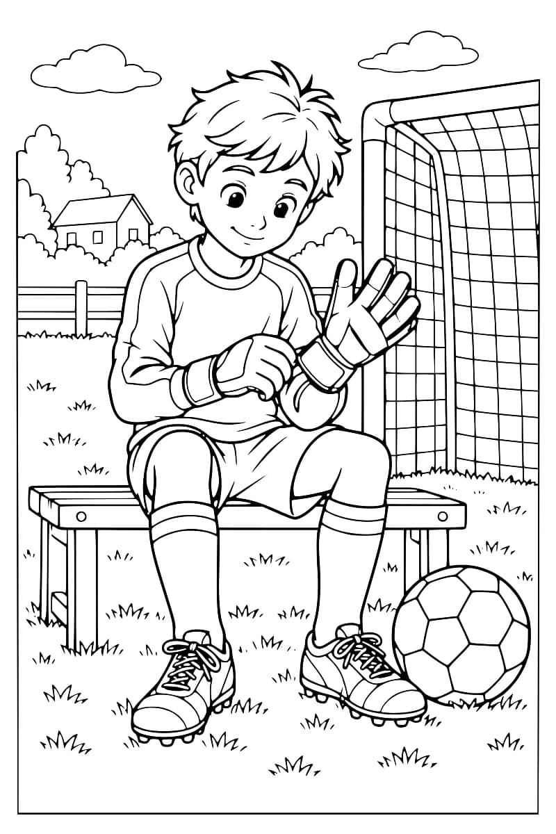 Dessin en noir et blanc d’un garçon en tenue de gardien, assis sur un banc et ajustant un gant, avec un ballon près de ses chaussures à crampons et un but derrière lui.