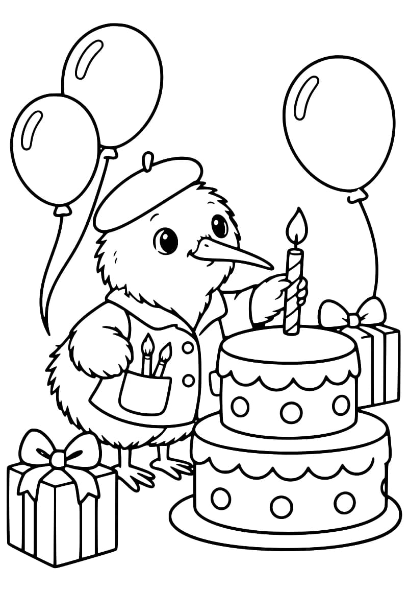 Un kiwi portant un tablier tient une bougie allumée devant un gâteau d’anniversaire à deux étages, avec des ballons et des cadeaux autour.