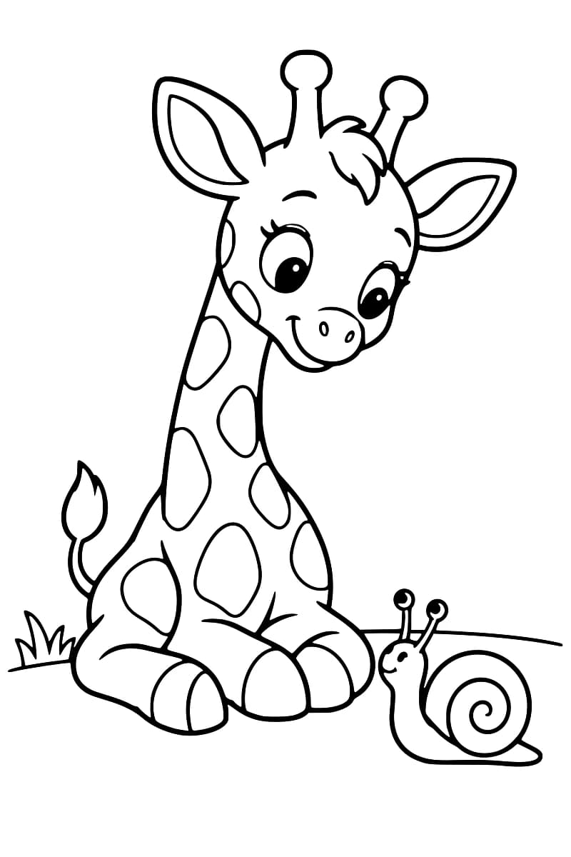 Dessin à colorier en noir et blanc d’un girafon tacheté, assis et souriant, la tête inclinée vers un escargot aux antennes dressées, avec quelques brins d’herbe à gauche.