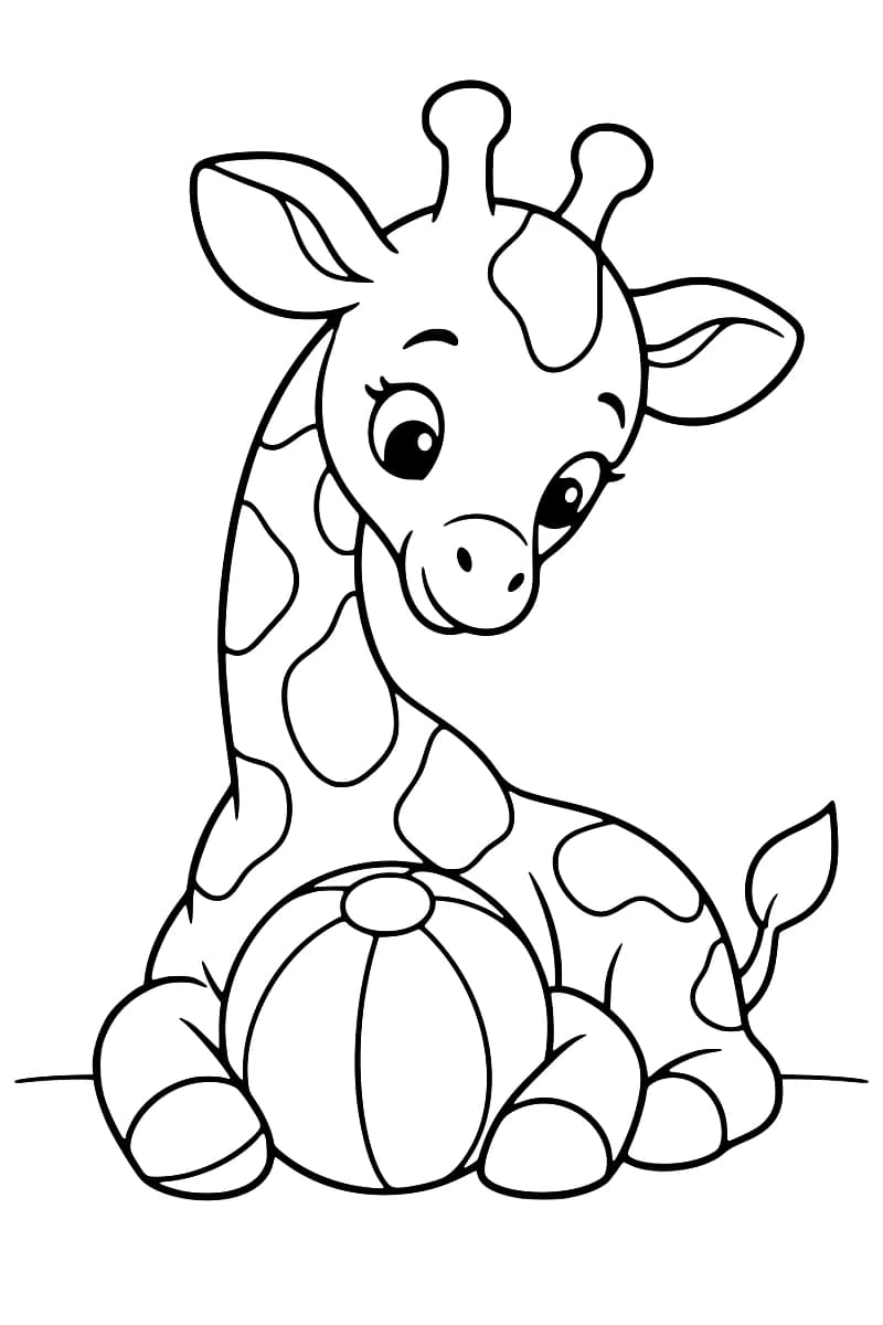Dessin en noir et blanc d’un bébé girafe tacheté, assis avec la tête inclinée et un grand ballon à bandes entre les pattes avant.