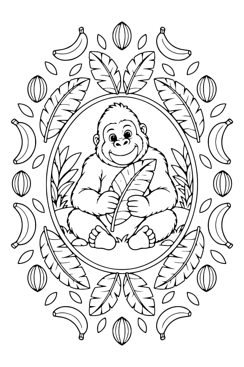Dessin à colorier en noir et blanc d’un gorille assis tenant une feuille de bananier, dans un cadre ovale bordé de feuillages, de bananes et de formes ovales striées.