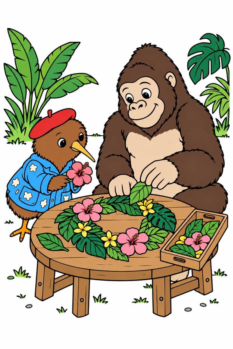 Dessin en noir et blanc d’un gorille souriant et d’un oiseau en béret et veste fleurie autour d’une table ronde portant une couronne végétale et un plateau de fleurs et de feuilles, avec de grandes plantes en arrière-plan. (exemple colorié)